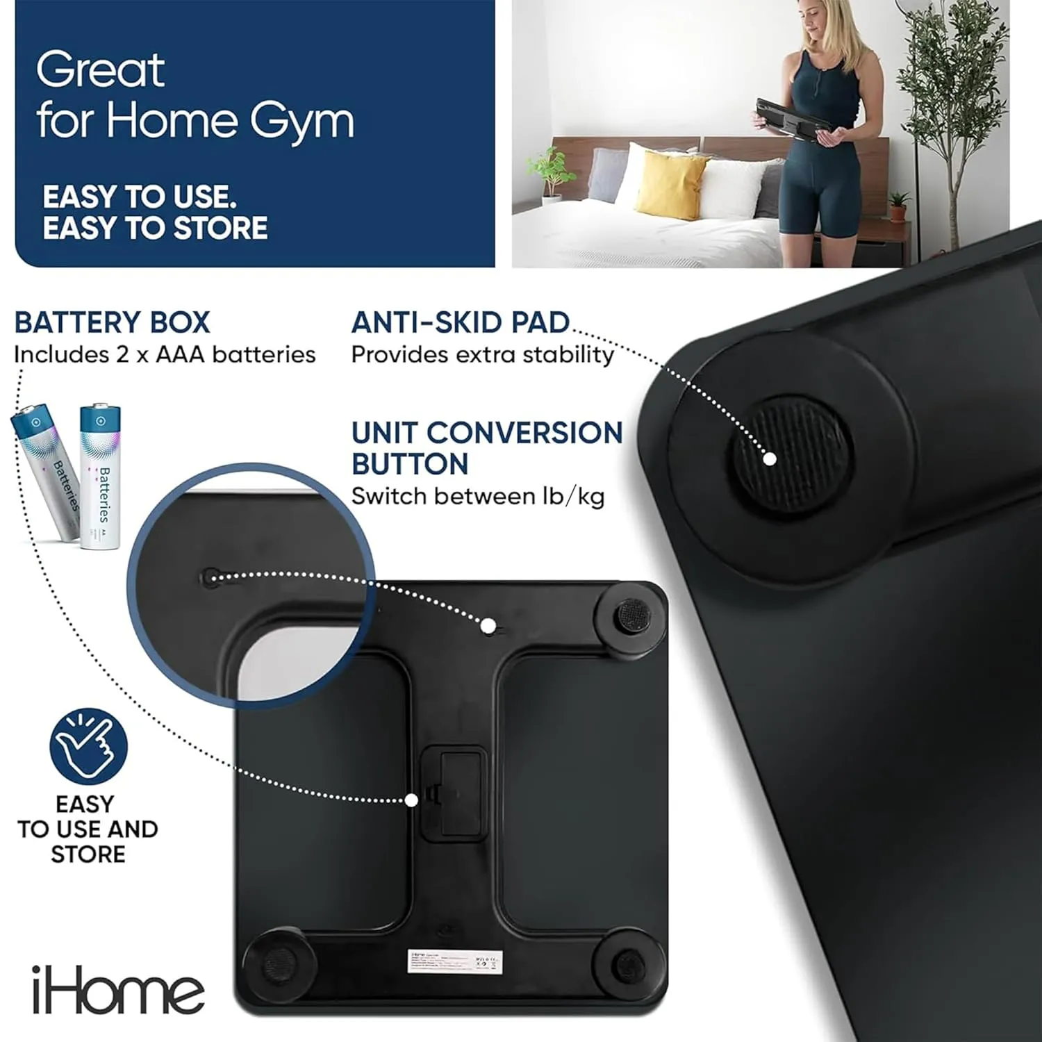 iHome Digital Scale, Bathroom Scale, Batteries Included, Scale Body Weight, Weight Scale, Digital Scale, Bathroom Scales for Weight, Digital Scales for Body Weight, Weight Scales Bathroom (Black)