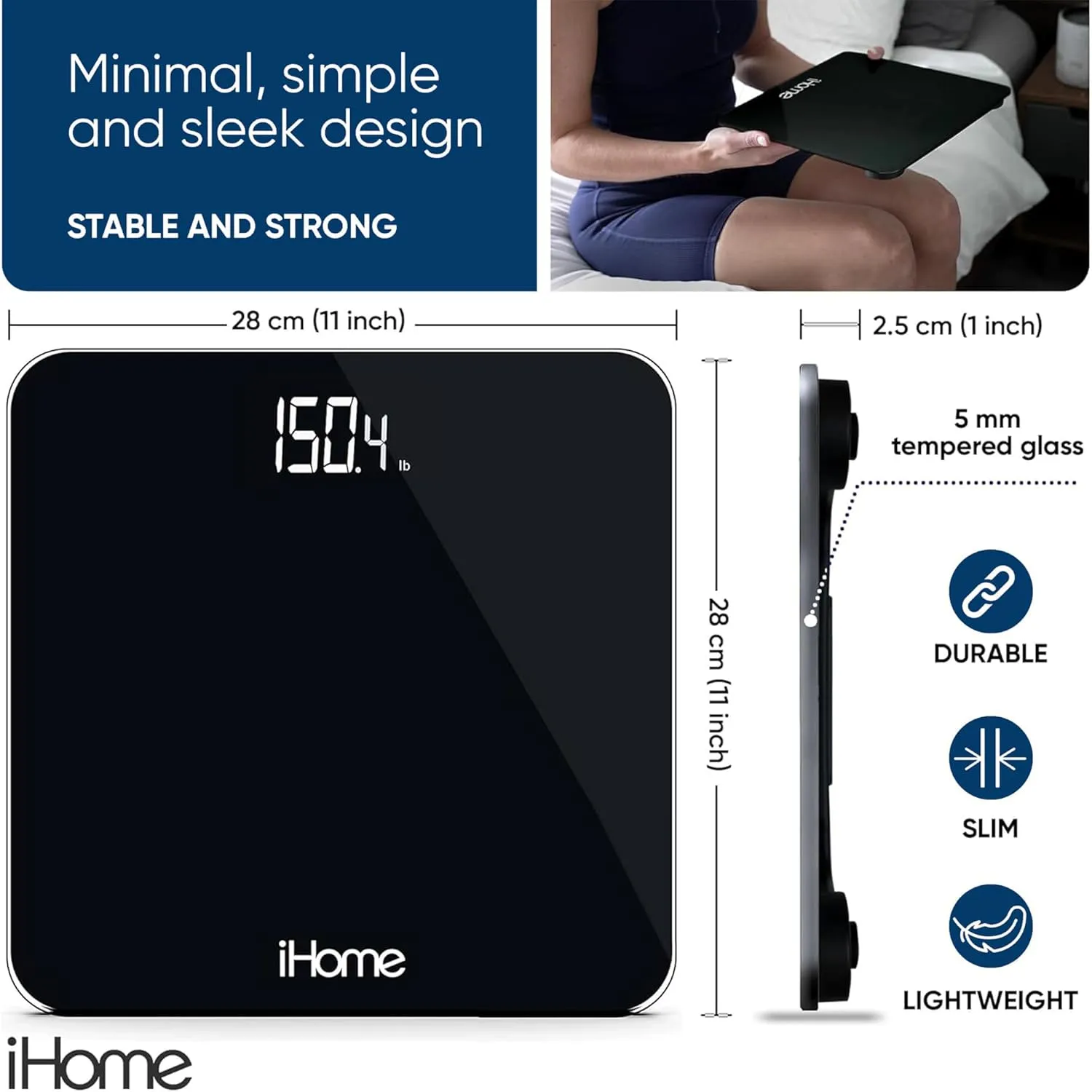 iHome Digital Scale, Bathroom Scale, Batteries Included, Scale Body Weight, Weight Scale, Digital Scale, Bathroom Scales for Weight, Digital Scales for Body Weight, Weight Scales Bathroom (Black)