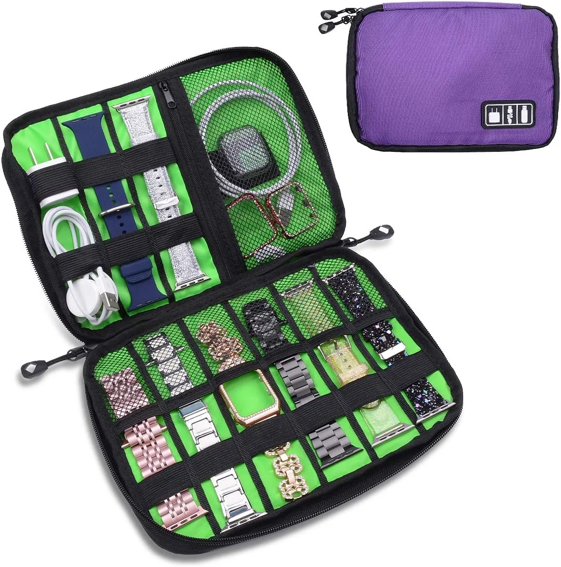 iiteeology Smart Watch Band Storage Bag, Universal Watch Band Accessories Organizer Bag Travel Storage Bag, Extra Pocket for Magsafe Charger, Cable, Headphone, USB, SD Cards, Purple