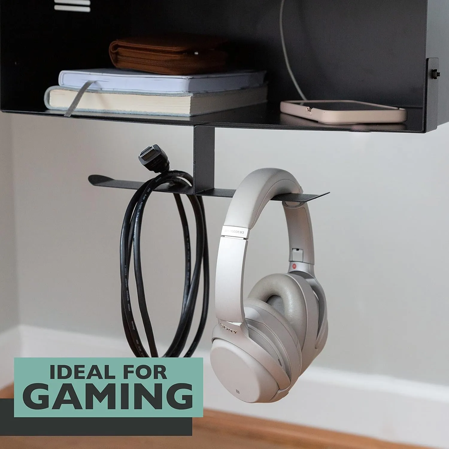 Ilyapa Under Desk Mount, Steel CPU Under Desk Computer Mount with Vents for Home Office Storage, Gaming Console Shelf with Headphone Hanger Compatible to Xbox, PlayStation, PS5, Wii - 6 x 15 x 10