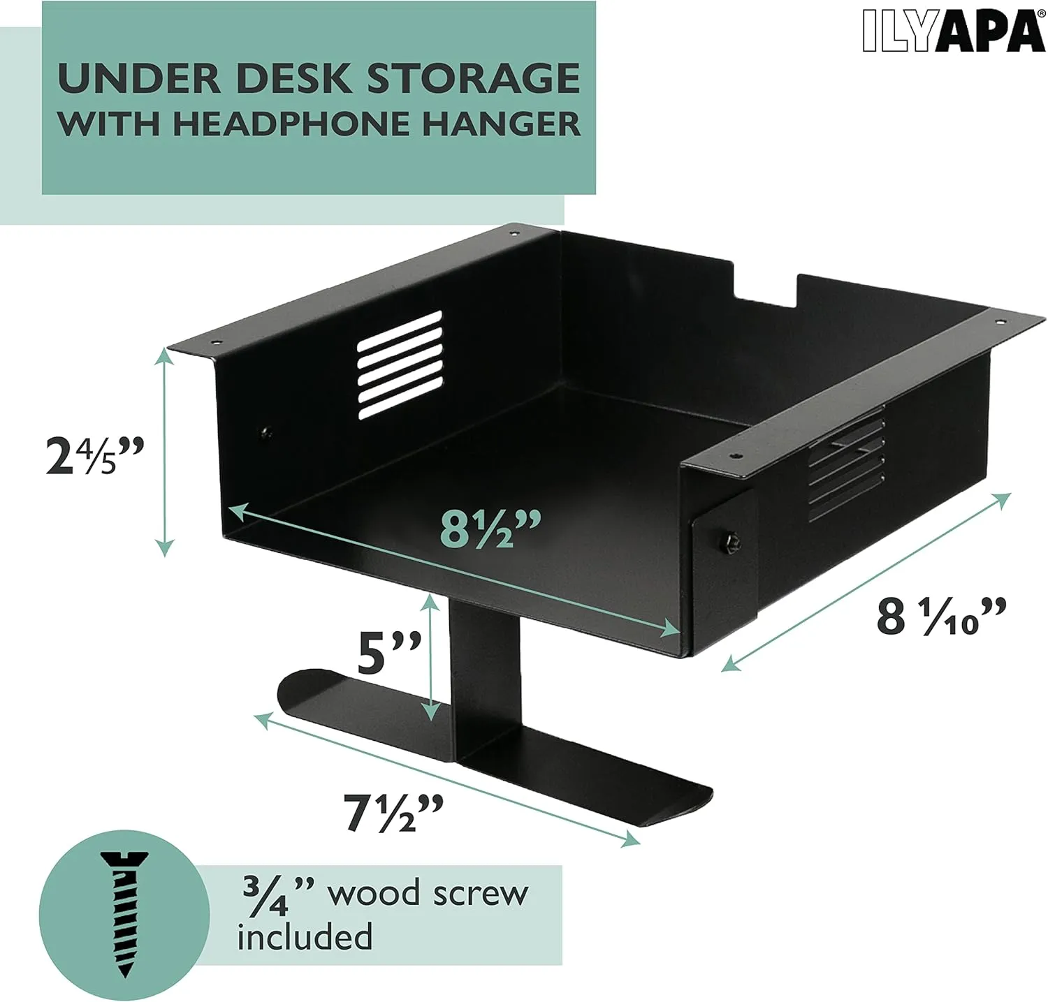 Ilyapa Under Desk Mount, Steel CPU Under Desk Computer Mount with Vents for Home Office Storage, Gaming Console Shelf with Headphone Hanger Compatible to Xbox, PlayStation, PS5, Wii - 6 x 15 x 10