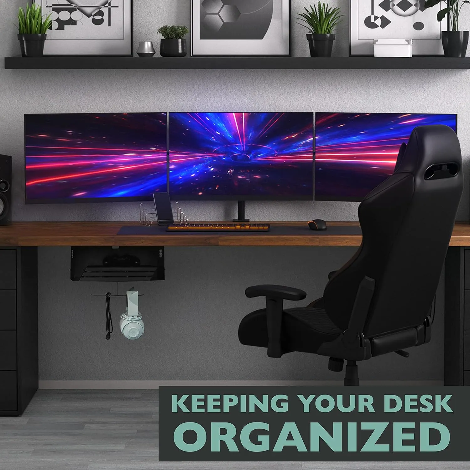 Ilyapa Under Desk Mount, Steel CPU Under Desk Computer Mount with Vents for Home Office Storage, Gaming Console Shelf with Headphone Hanger Compatible to Xbox, PlayStation, PS5, Wii - 6 x 15 x 10