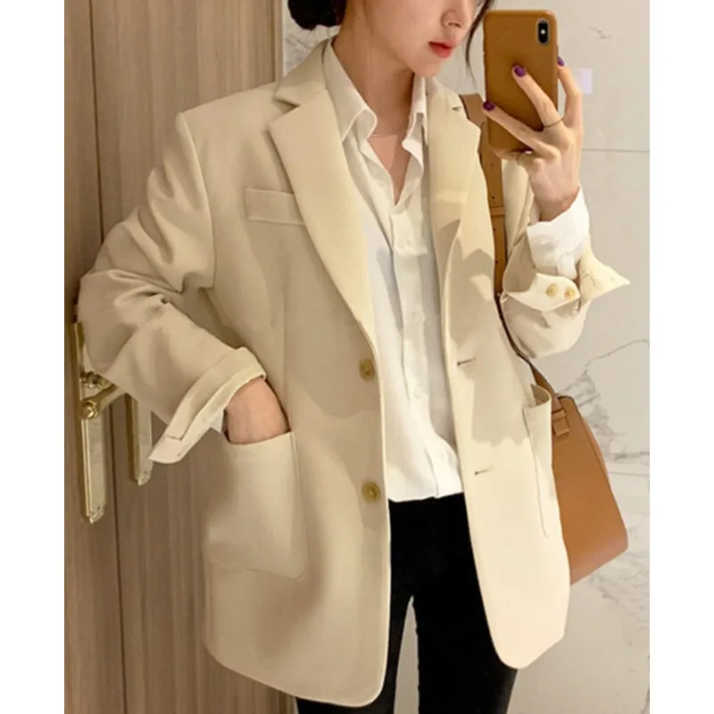 Joskaa Suit Blazer Women 2024 Fall Winter Beige Black Jacket Women Elegant Office Lady Coats Single Breasted Notched Outwear