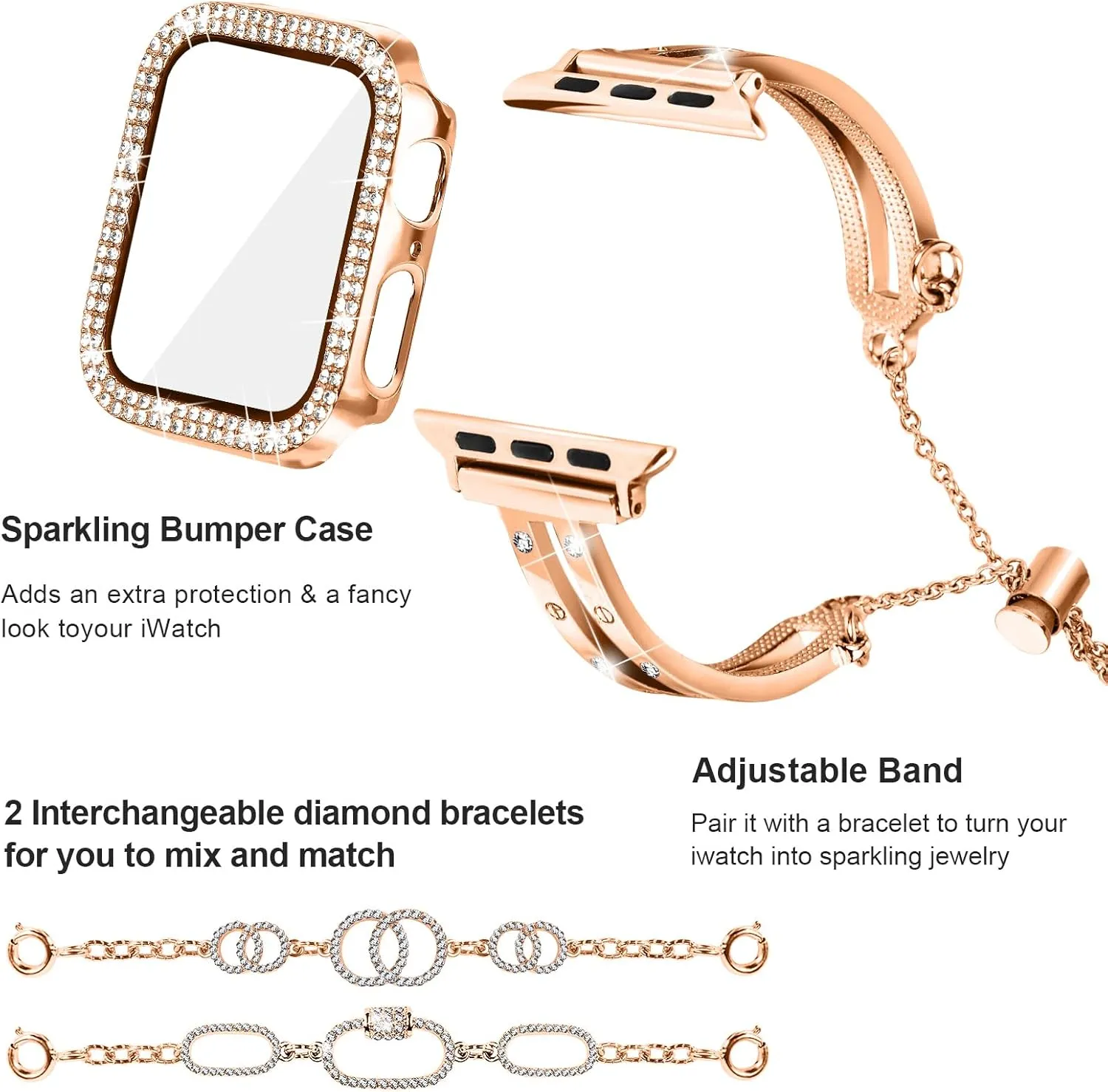 JOYOZY Bling Band Compatible with Apple Watch 38mm 40mm 41mm 42mm 44mm 45mm,Sparkling Glitter Case Built-in Screen Protector,Shiny Diamonds Women Bracelet for iWatch Series 9/8/7/SE/6/5/4/3/2/1