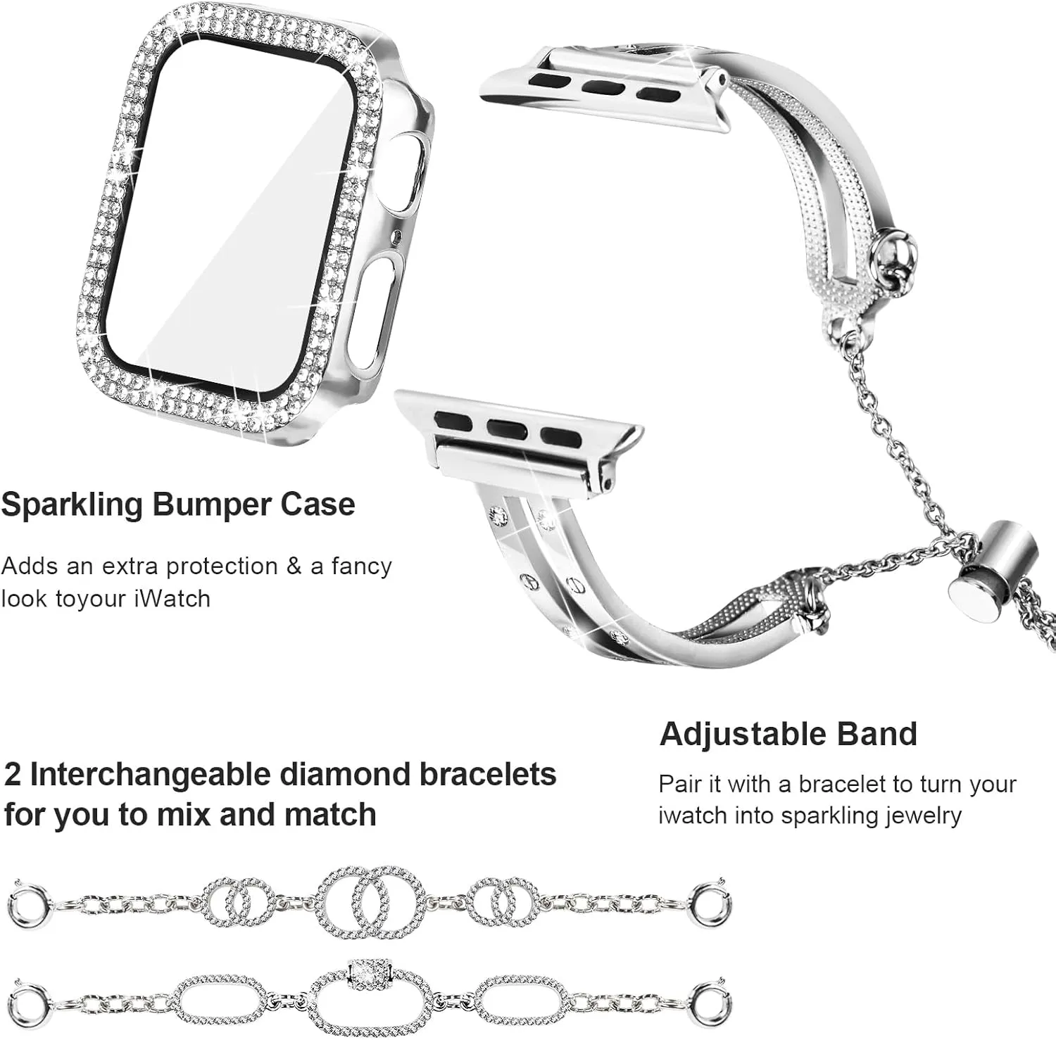 JOYOZY Bling Band Compatible with Apple Watch 38mm 40mm 41mm 42mm 44mm 45mm,Sparkling Glitter Case Built-in Screen Protector,Shiny Diamonds Women Bracelet for iWatch Series 9/8/7/SE/6/5/4/3/2/1