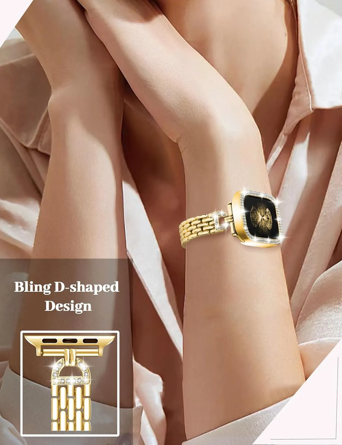 JR.DM Slim Bracelet with Bling Case Compatible with Apple Watch Bands Cover for Women, Dressy D-Shaped Stainless Steel Replacement Strap for iWatch Series 10/9/8/7/6/5/4/3/2/1/SE/Ultra