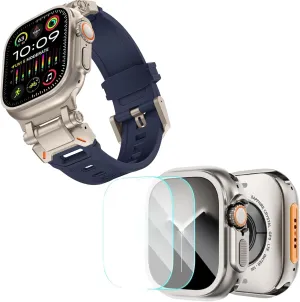KADES Metal Case with Back Cover & Rugged TPU Sport Band for Apple Watch Ultra 2 49mm, Durable Metal Connector, Titanium/Navy & Titanium