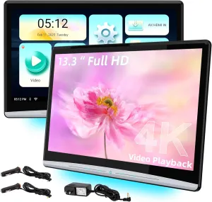 Kaskawise 13.3" Android 11 Car Headrest Video Players with 2.4G/5G Dual Brand WiFi, Dual Rear Seat TV Monitors Can Sync Screens, IPS Touch Screen 4K Tablets, HDMI Out/in Bluetooth FM USB-2G 32G