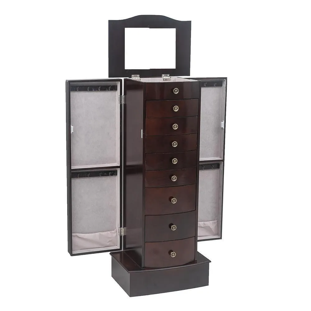 Large Mirrored Wooden Standing Jewelry Armoire  Elegant Organizer Cabinet