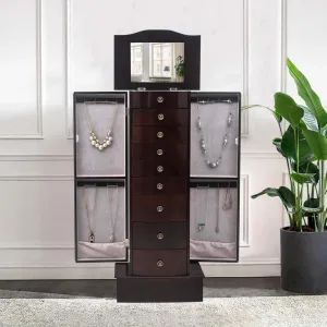 Large Mirrored Wooden Standing Jewelry Armoire  Elegant Organizer Cabinet