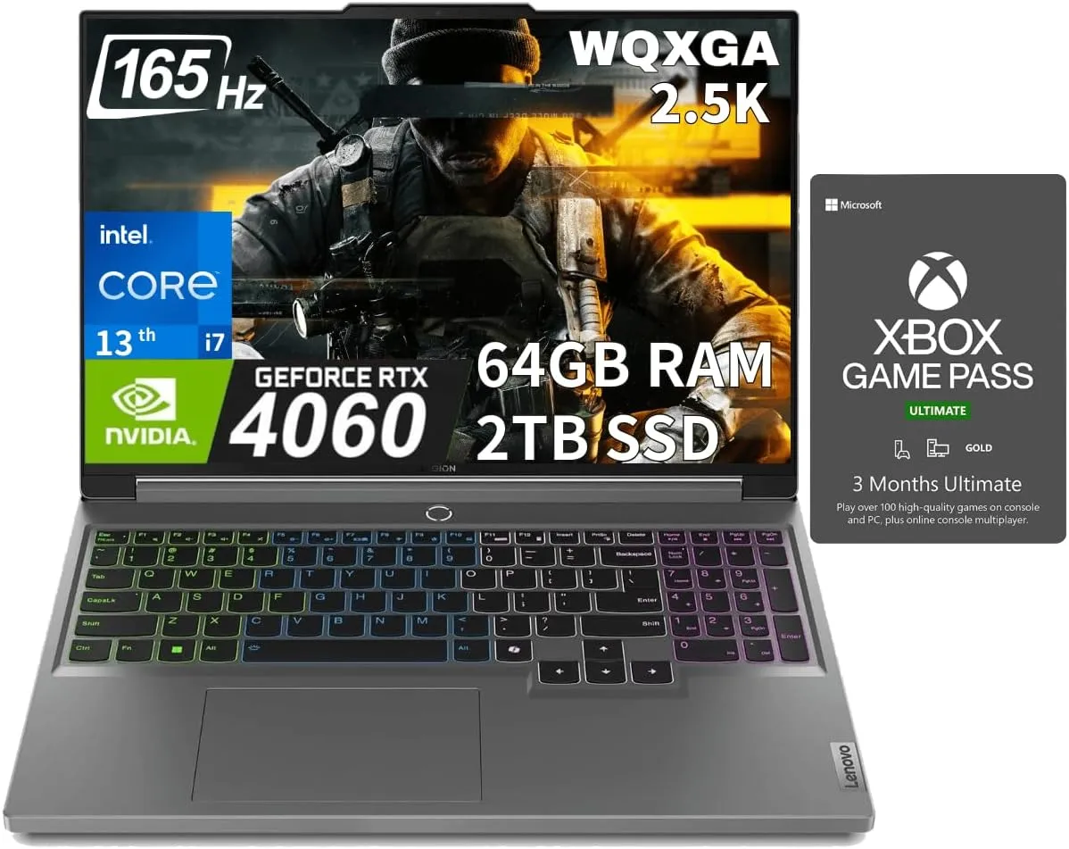 Lenovo Legion 5 Gaming Laptop (16" QHD 165Hz G-SYNC, Intel 14-Core i7-13650HX, 64GB RAM, 2TB SSD, NVIDIA RTX 4060 8GB, (Beat i9-12900H)) AI PC for 3A, MOBA, FPS Games, 4-Zone RGB Backlit, Win 11 Home