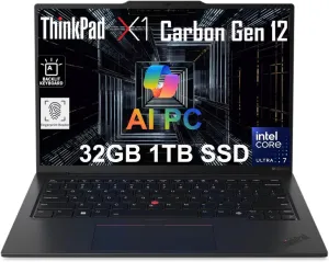 Lenovo ThinkPad X1 Carbon Gen 12 Laptop (14" 2.8K OLED Anti-Glare, Intel Core Ultra 7 155H, 32GB RAM, 1TB SSD), AI PC, Long Battery Life, Backlit, Fingerprint, FHD Webcam, Win 11 Home, Black