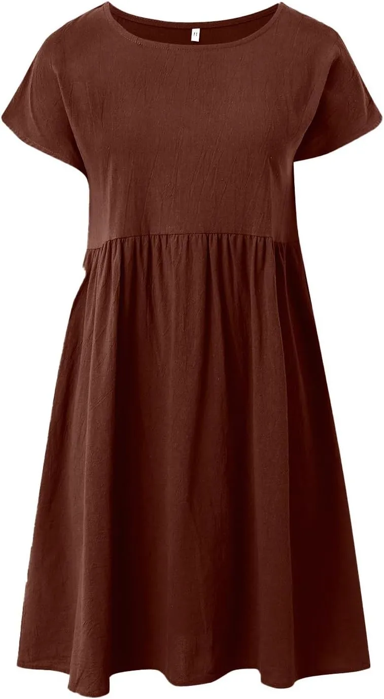 Linen Dresses for Women Casual Midi Elegant Dresses Plus Size Short Sleeves Dress Sundress with Pockets 2025 Summer