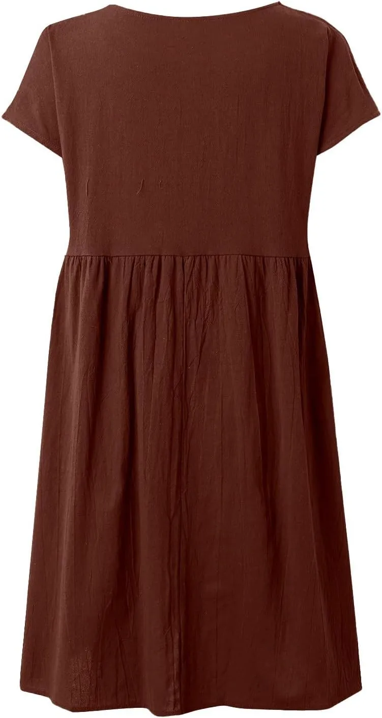 Linen Dresses for Women Casual Midi Elegant Dresses Plus Size Short Sleeves Dress Sundress with Pockets 2025 Summer