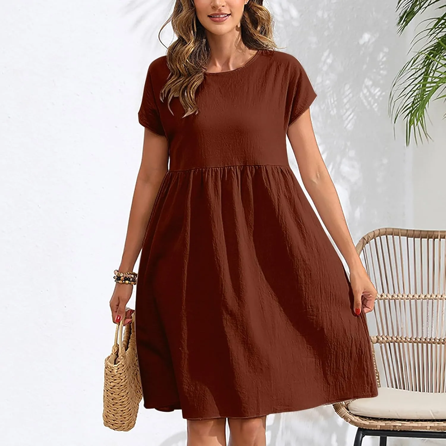 Linen Dresses for Women Casual Midi Elegant Dresses Plus Size Short Sleeves Dress Sundress with Pockets 2025 Summer