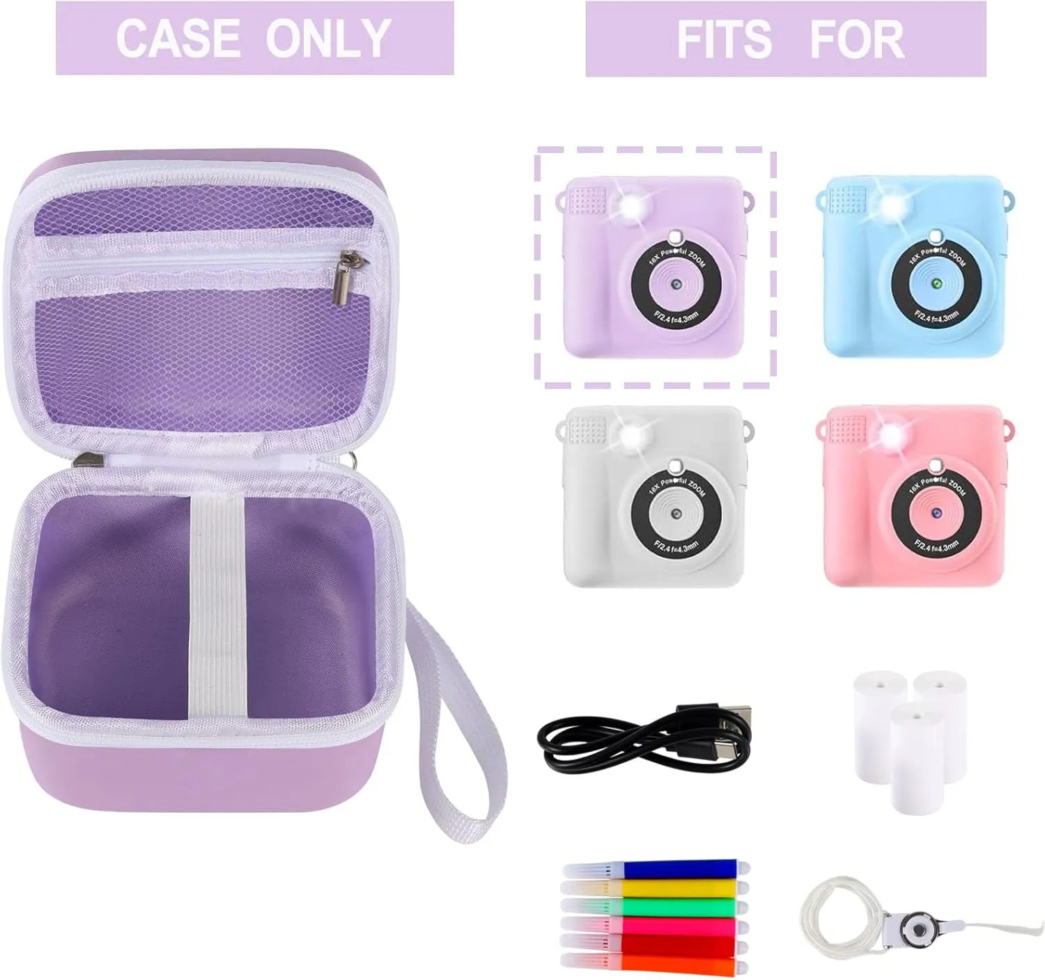 Lumus&Solem Purple Kids Camera Case for Instant Cameras - Storage Bag Compatible with Digital Video Cameras for Girls and ToddlersCase Only