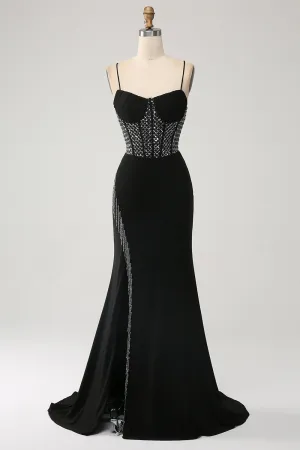 Luolandi Gorgeous Black Mermaid Spaghetti Straps Strapless Sequin Prom Dresses with Slit Sexy Evening Dresses