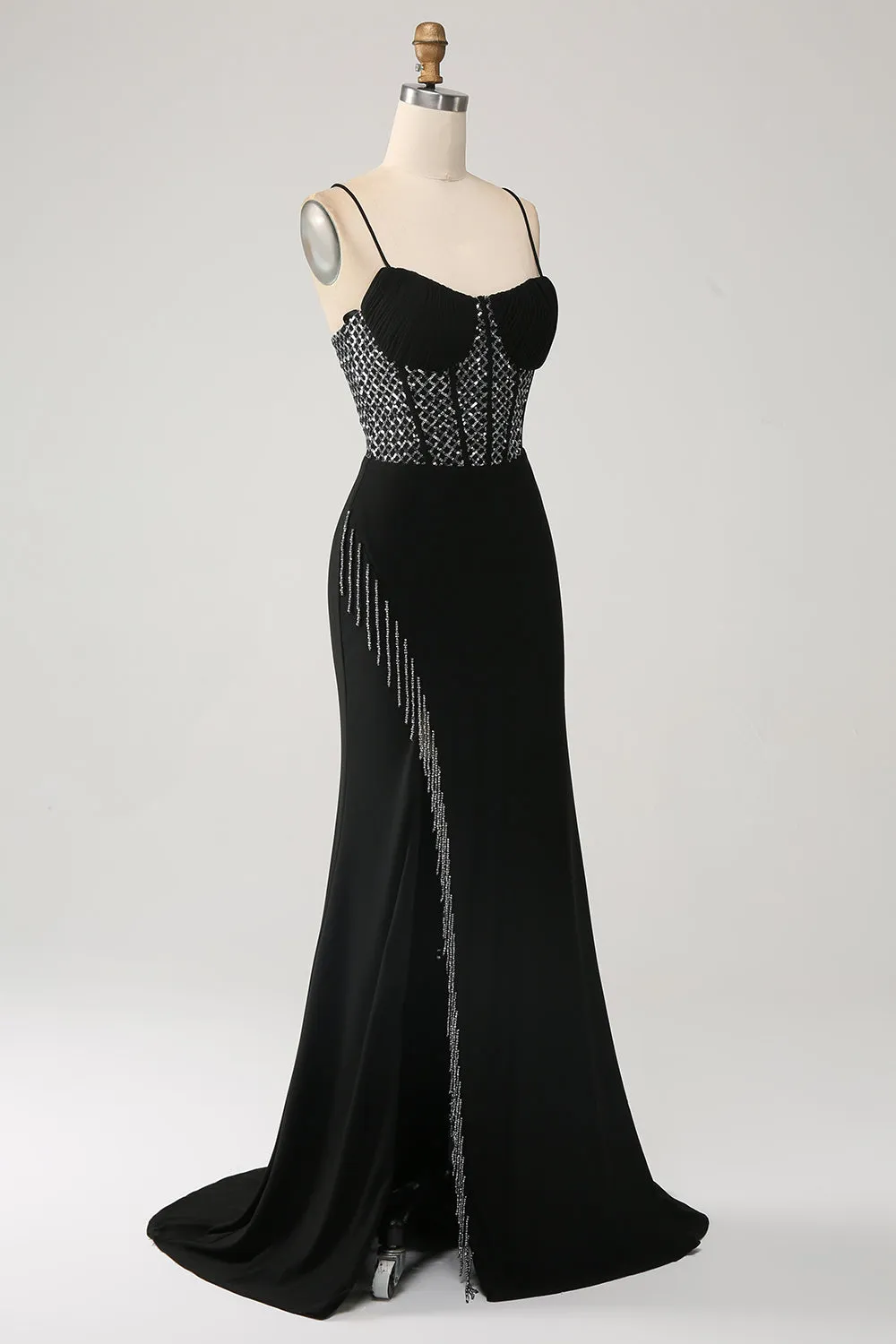 Luolandi Gorgeous Black Mermaid Spaghetti Straps Strapless Sequin Prom Dresses with Slit Sexy Evening Dresses