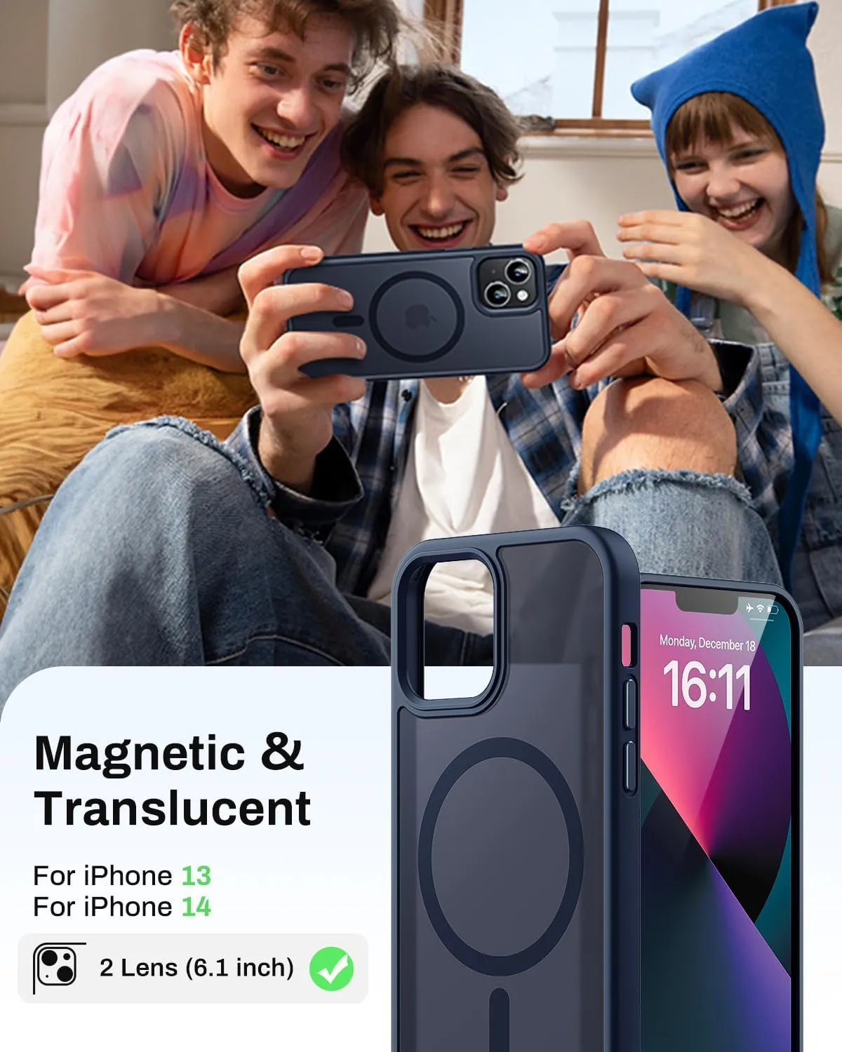 Magnetic for iPhone 13 Case & iPhone 14 Case, Compatible with MagSafe, Military Grade Drop Protection, Slim Fit Shockproof Anti-Fingerprint Translucent Matte Phone Protective Cover, Dark Blue
