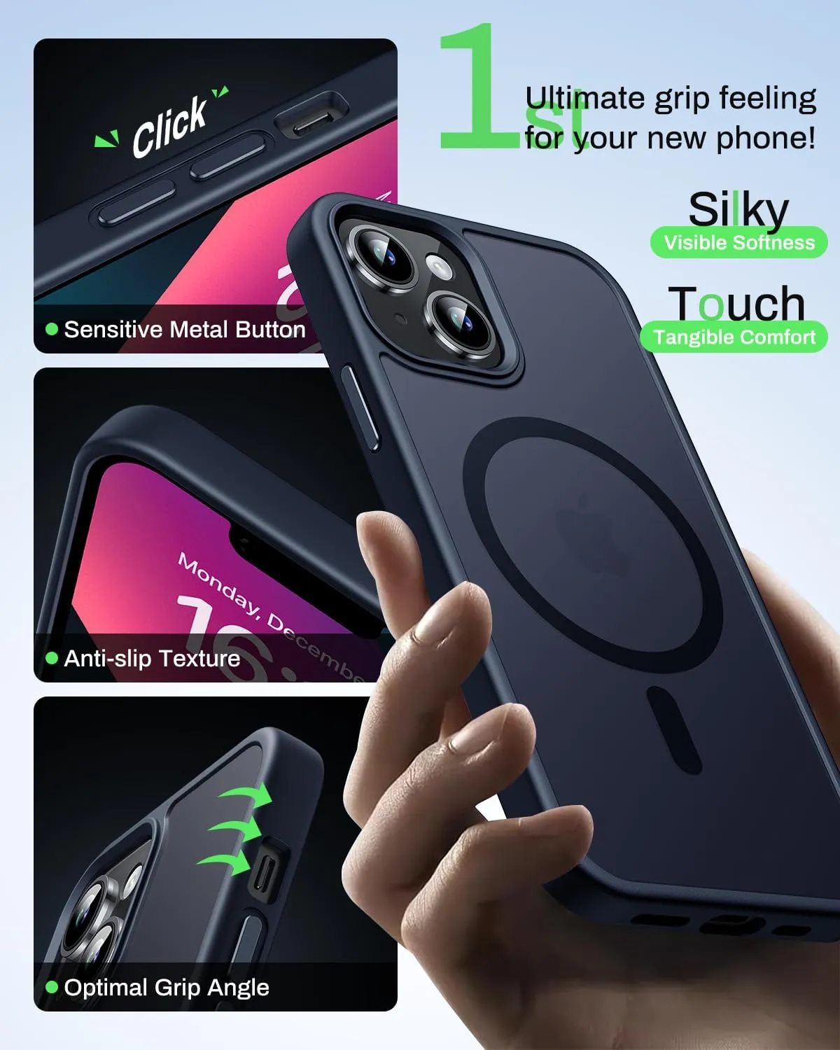 Magnetic for iPhone 13 Case & iPhone 14 Case, Compatible with MagSafe, Military Grade Drop Protection, Slim Fit Shockproof Anti-Fingerprint Translucent Matte Phone Protective Cover, Dark Blue
