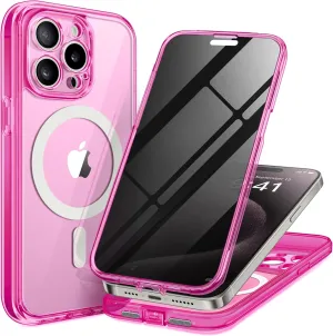 Magnetic for iPhone 15 Pro Max Case, Compatible with MagSafe, Built-in Privacy Screen Protector and Camera Protection, Anti Spy Full Body Dustproof Shockproof Hard Phone Case 6.7",Bright Pink
