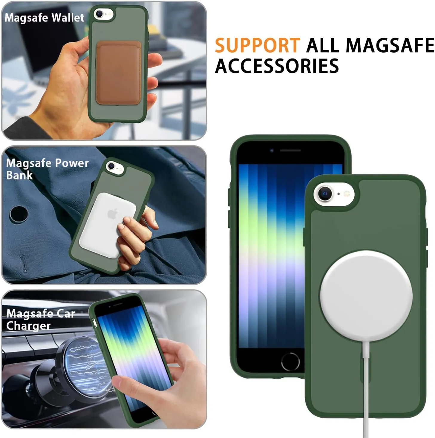 Magnetic for iPhone SE Case 2022/3rd/2020/2nd gen, iPhone 8 & iPhone 7 [Compatible with Magsafe] Shockproof Slim Translucent Matte Protective Phone Case - Green
