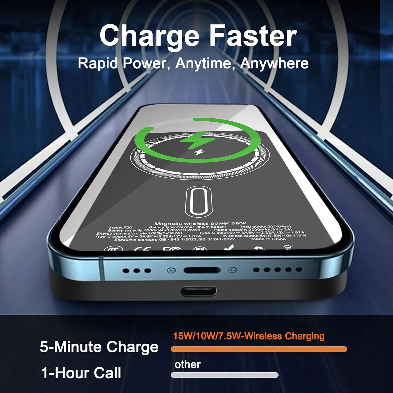 Magnetic Portable Charger 5000mAh, 15W Ultra Slim Wireless Portable Charger, Fast Charging for iPhone 16/15/14/13/12 Pro/Pro Max/Plus, Metal Shell, USB-C Cable to Charge Other Phones (Grey)