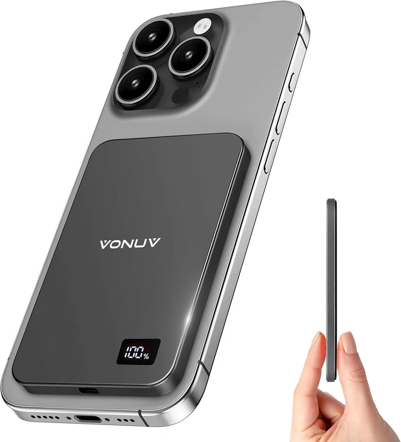 Magnetic Portable Charger 5000mAh, 15W Ultra Slim Wireless Portable Charger, Fast Charging for iPhone 16/15/14/13/12 Pro/Pro Max/Plus, Metal Shell, USB-C Cable to Charge Other Phones (Grey)