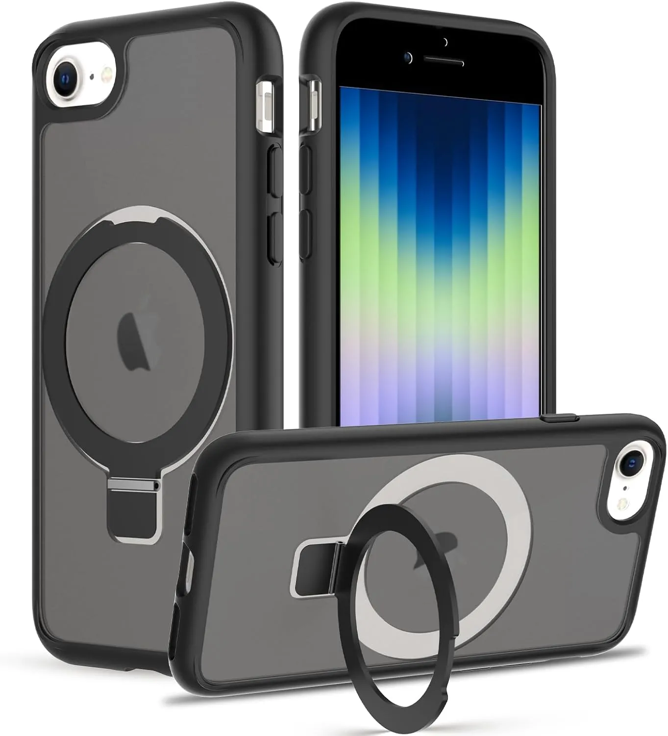Magnetic Stand for iPhone SE 2022/3rd/2020/2nd gen, iPhone 8/7 Case [Military Grade Drop Tested] Translucent Back Slim Protective Case 4.7 Inch,Black