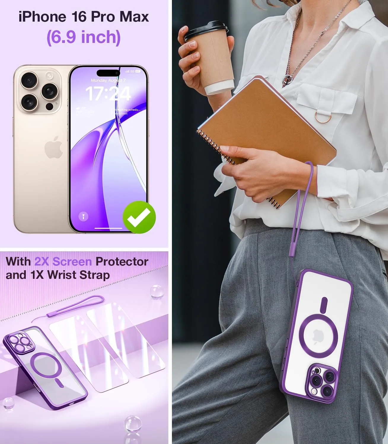 Meifigno Candy Frosted Magnetic Case for iPhone 16 Pro Max 6.9", [2X Screen Protectors & Wrist Strap] [MagSafe Compatible] Full Camera Protection Designed for iPhone 16 ProMax Case, Deep Purple