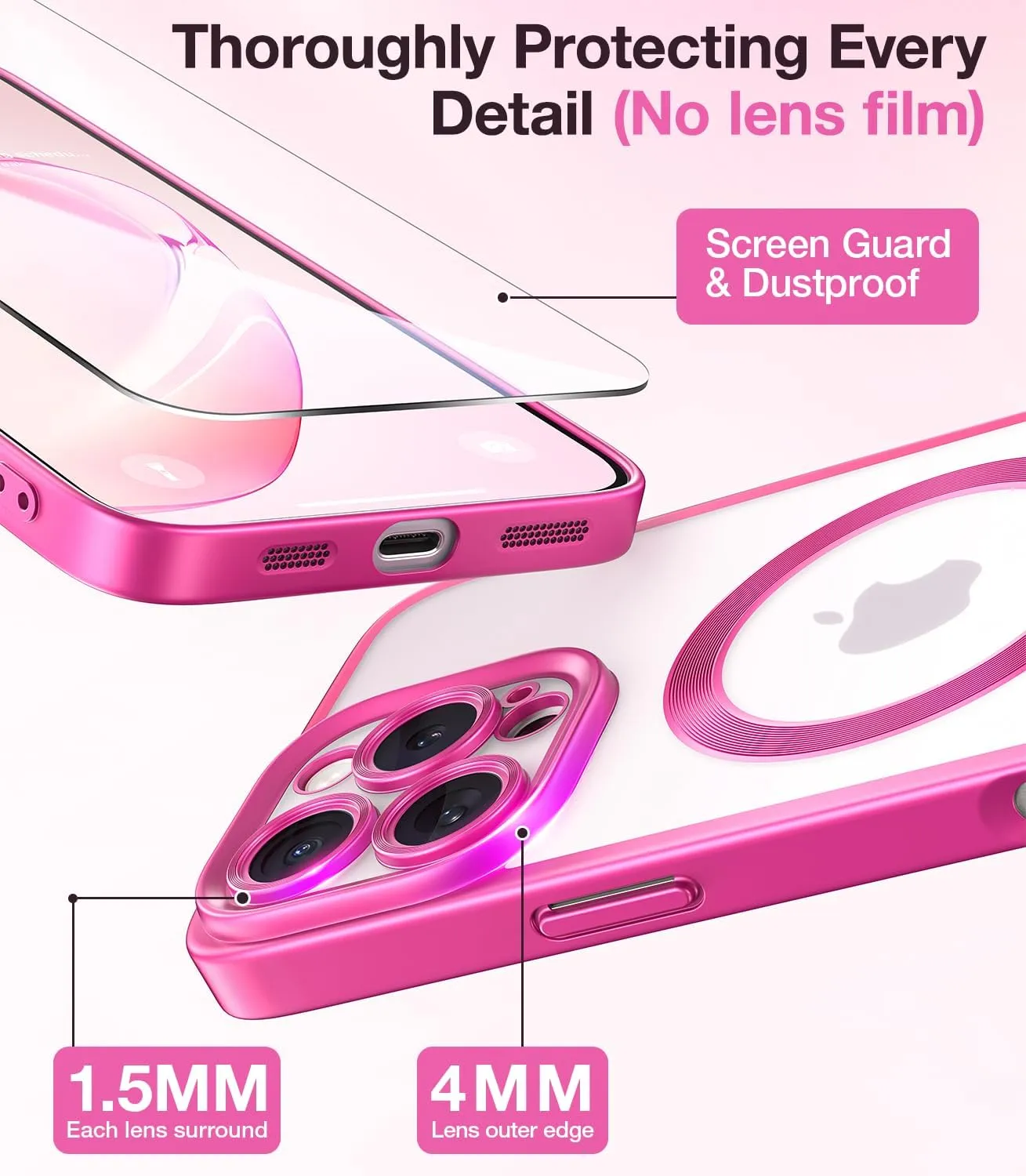 Meifigno Candy Frosted Series Case for iPhone 16 Pro 6.3", [2X Screen Protectors & Wrist Strap] [MagSafe Compatible] Full Camera Protection Designed for iPhone 16 Pro Case, Hot Pink