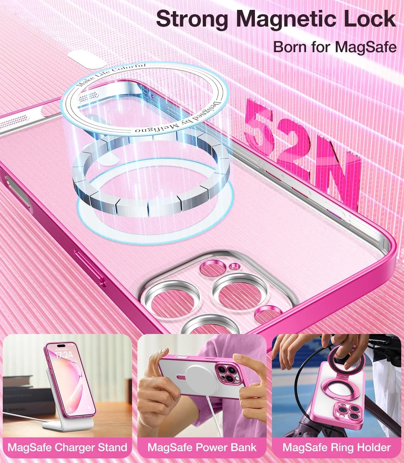 Meifigno Candy Frosted Series Case for iPhone 16 Pro 6.3", [2X Screen Protectors & Wrist Strap] [MagSafe Compatible] Full Camera Protection Designed for iPhone 16 Pro Case, Hot Pink