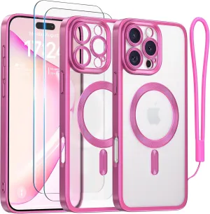 Meifigno Candy Frosted Series Case for iPhone 16 Pro 6.3", [2X Screen Protectors & Wrist Strap] [MagSafe Compatible] Full Camera Protection Designed for iPhone 16 Pro Case, Hot Pink