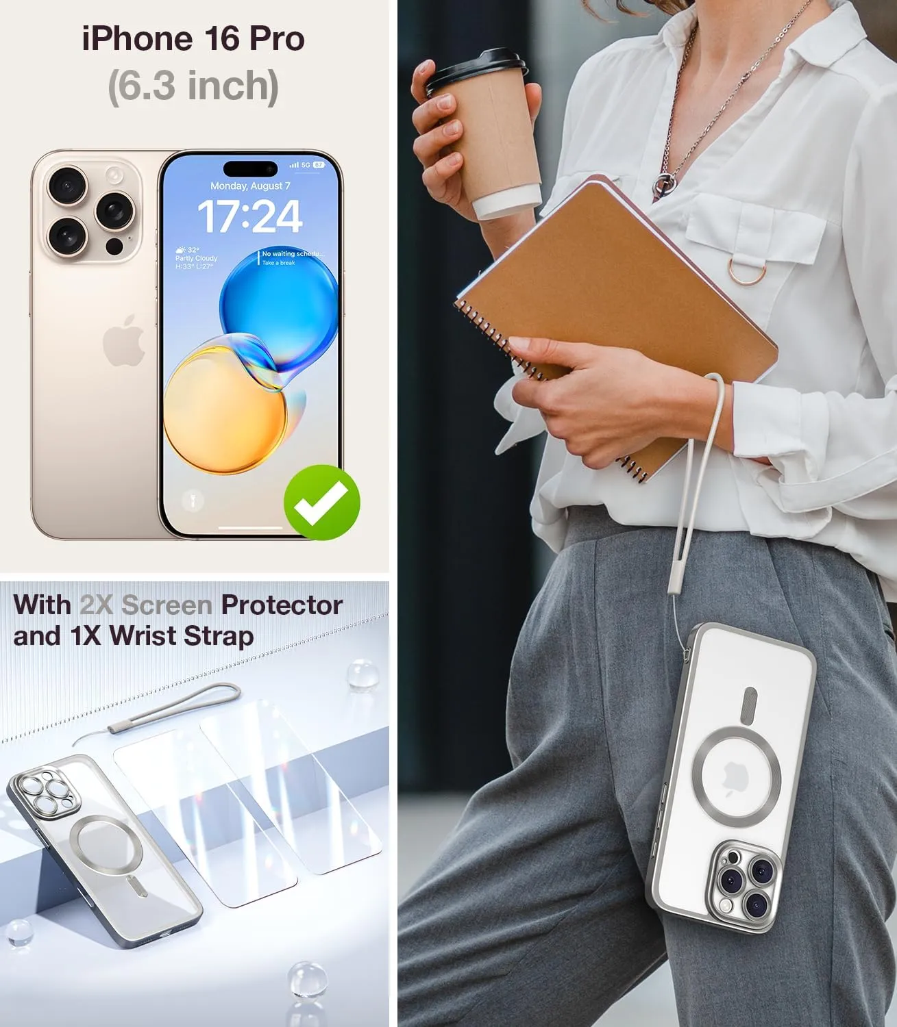 Meifigno Candy Frosted Series Case for iPhone 16 Pro 6.3", [2X Screen Protectors & Wrist Strap] [MagSafe Compatible] Full Camera Protection for iPhone 16 Pro Case, Titanium Sliver