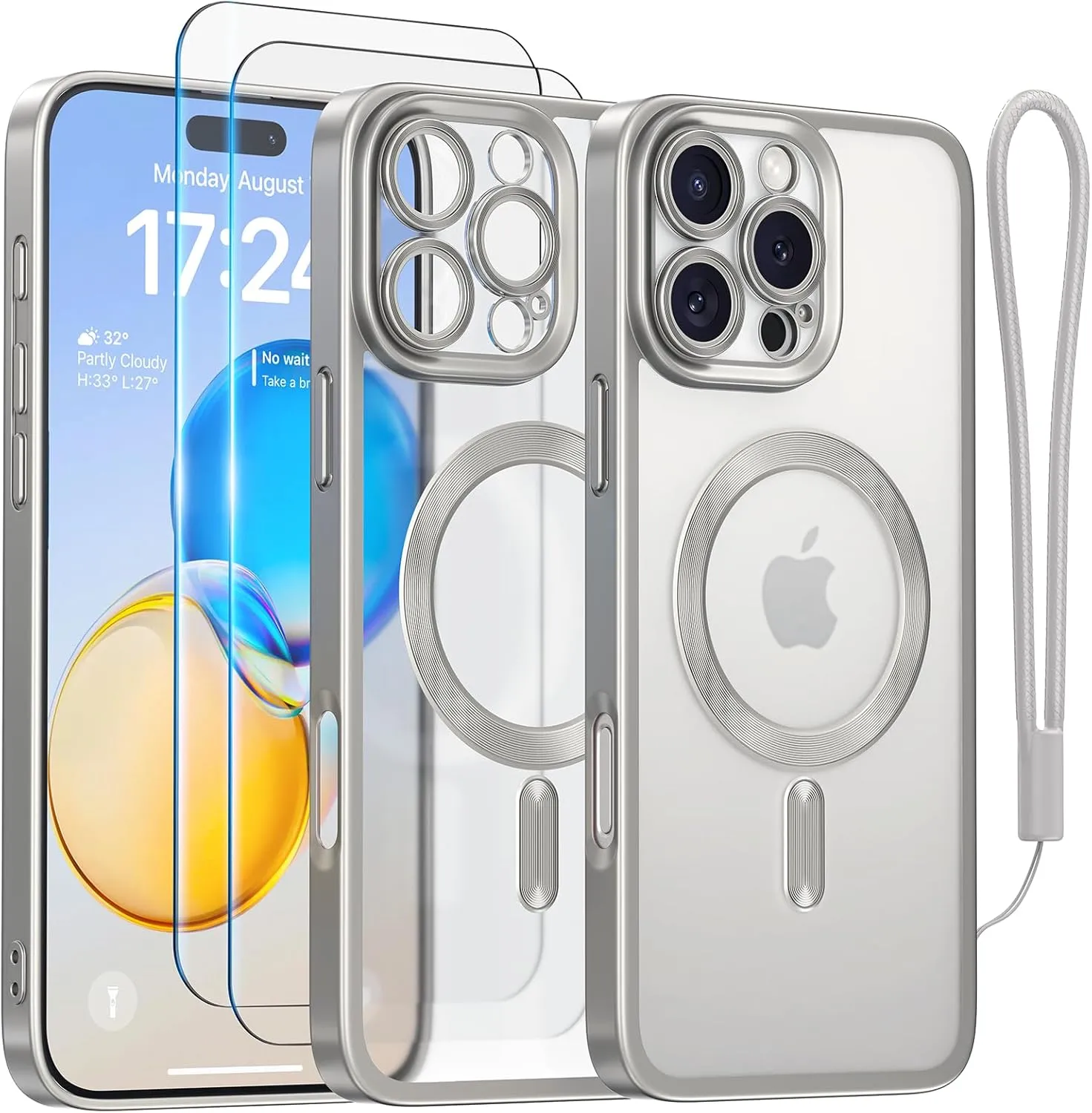 Meifigno Candy Frosted Series Case for iPhone 16 Pro 6.3", [2X Screen Protectors & Wrist Strap] [MagSafe Compatible] Full Camera Protection for iPhone 16 Pro Case, Titanium Sliver