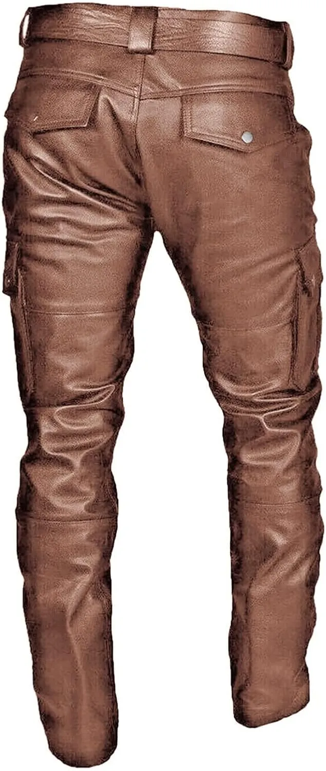 Men's Faux Leather Pants Solid Color Steampunk Goth Pants Slim Fit Stretch Fashionable Trousers Pants with Pockets
