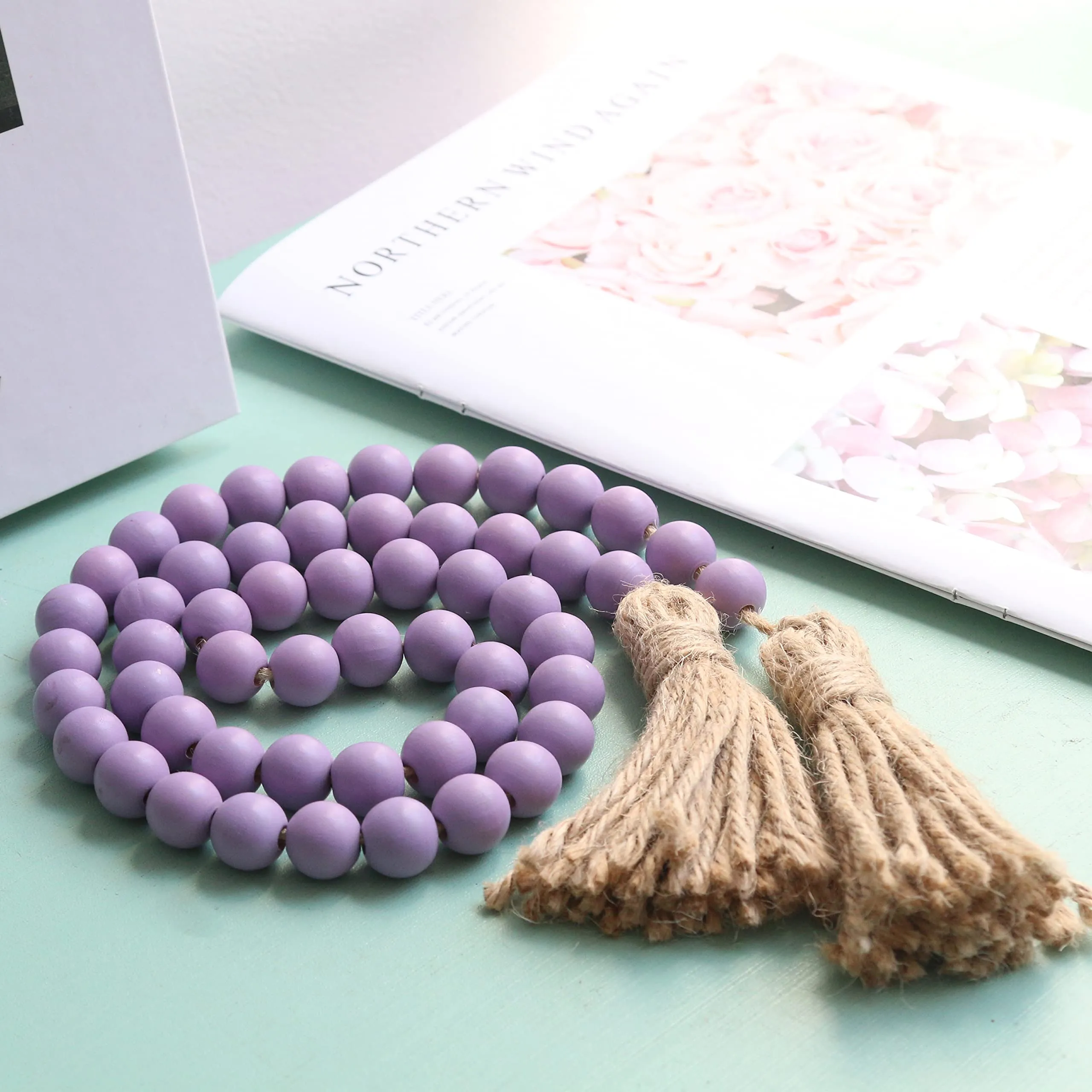 Meplait 39in Wood Bead Garland Farmhouse with Tassels,Versatile Prayer Beads Boho Chic Wall Hanging Home Decor (Purple)