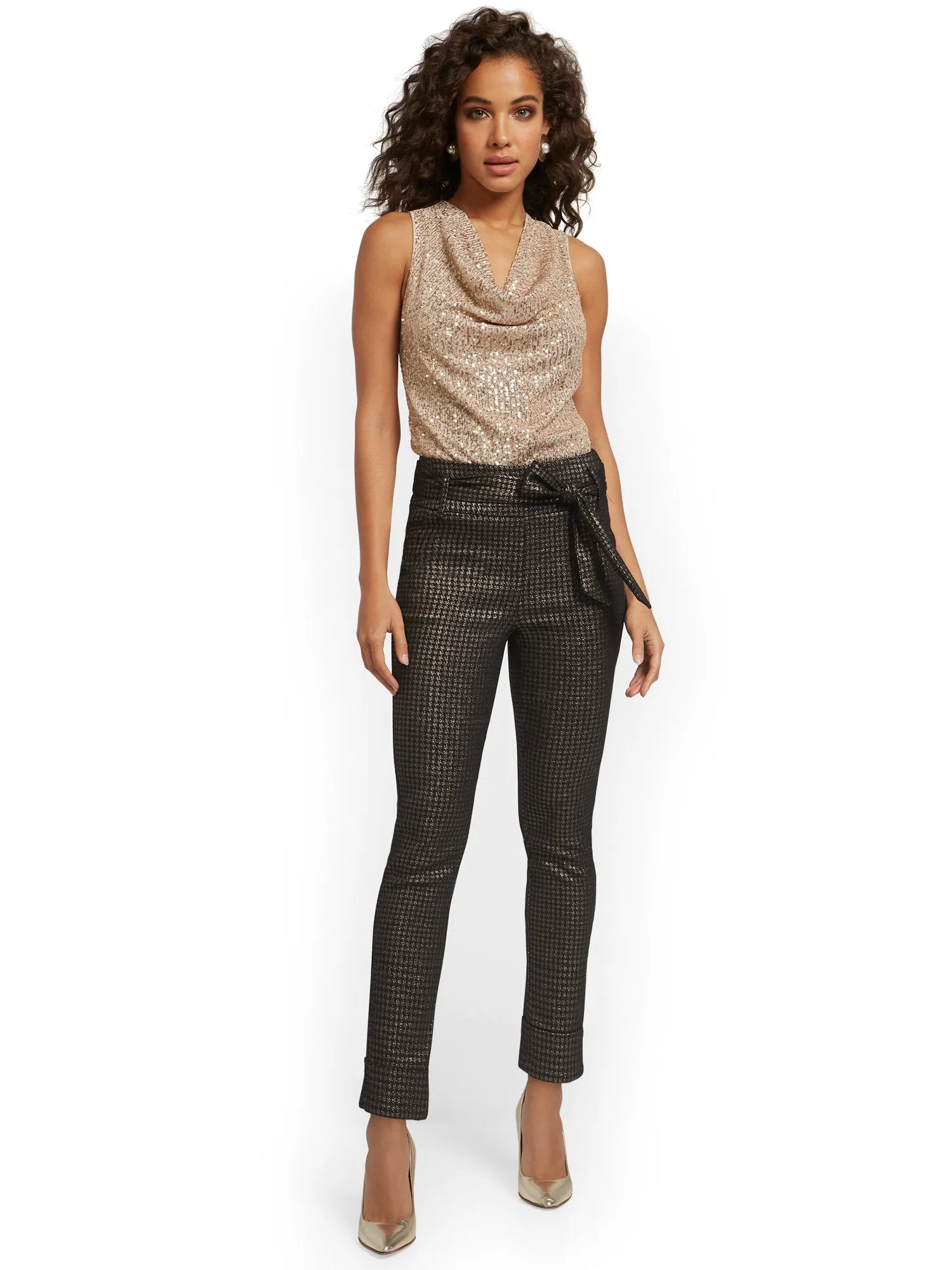Metallic Houndstooth Pull-On Ankle Pant