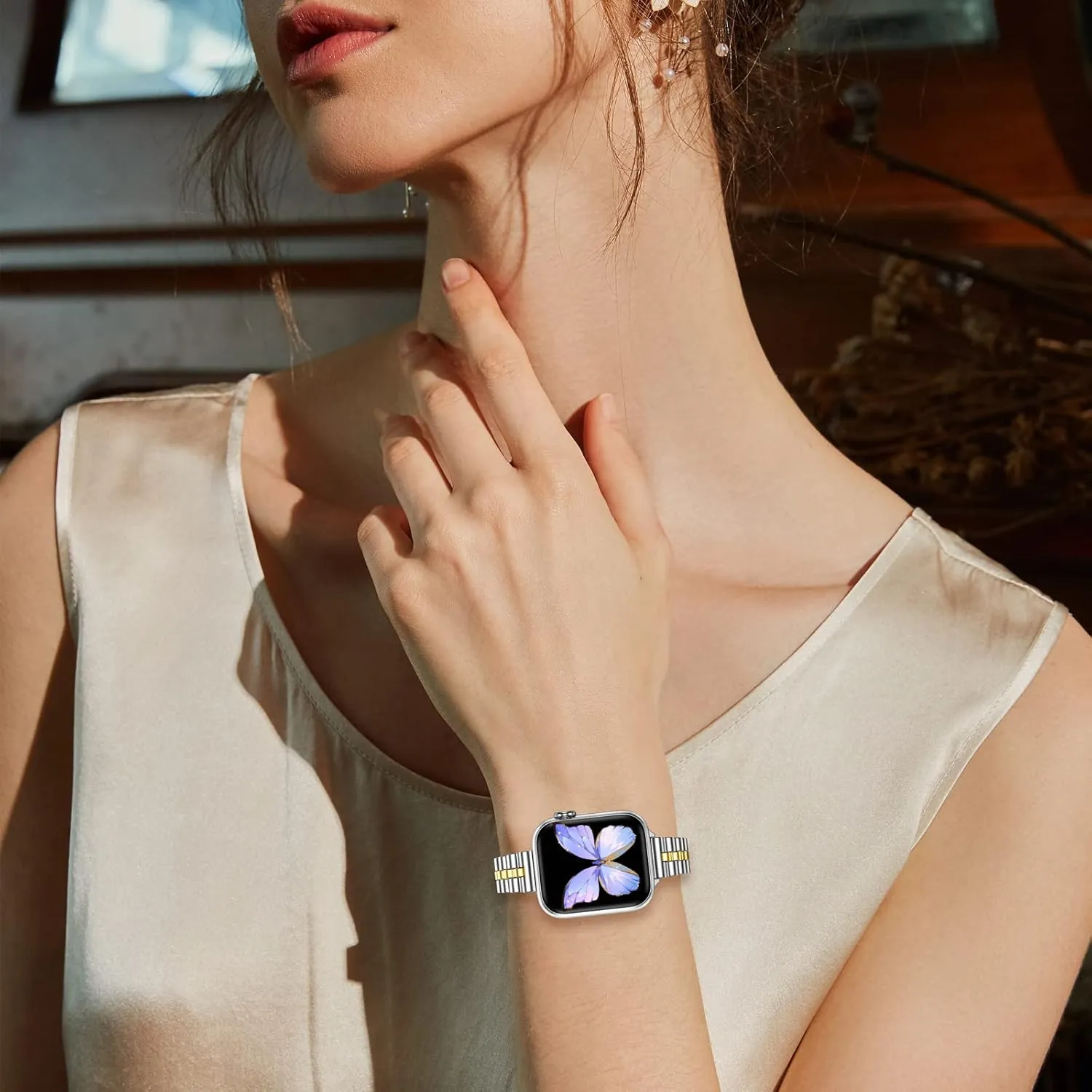 MioHHR Slim Metal Bands Compatible with Apple Watch Ultra 2 1 Series 10/9/8/7/SE/6/5/4/3/2/1,Thin Stainless Steel Chain Strap for Women iWatch Band 49mm 46mm 45mm 44mm 42mm 41mm 40mm 38mm