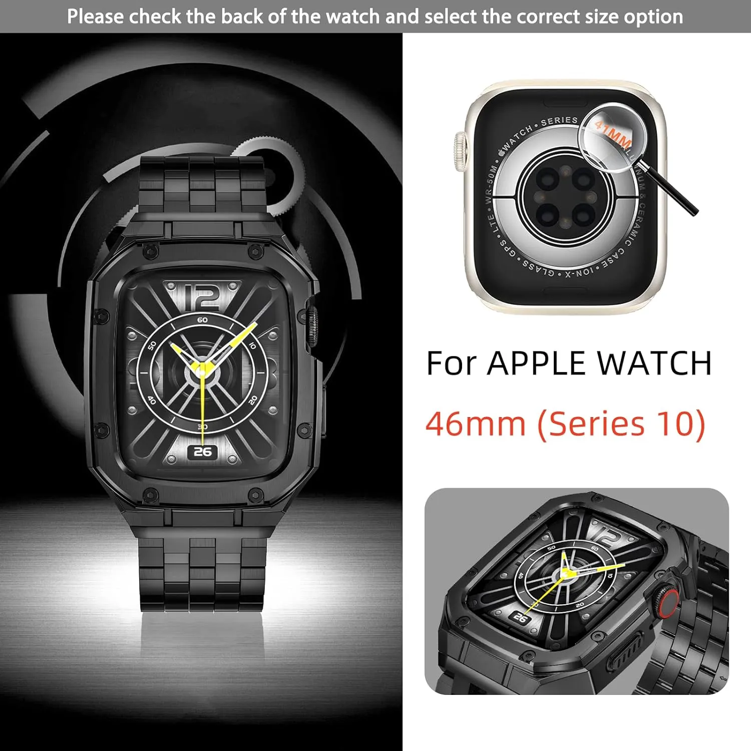 MioHHR Stainless Steel Bands with Case Compatible with Apple Watch Band 46mm, Metal Cover Bumper with iWatch Bands for Apple Watch Series 10 46mm, Black