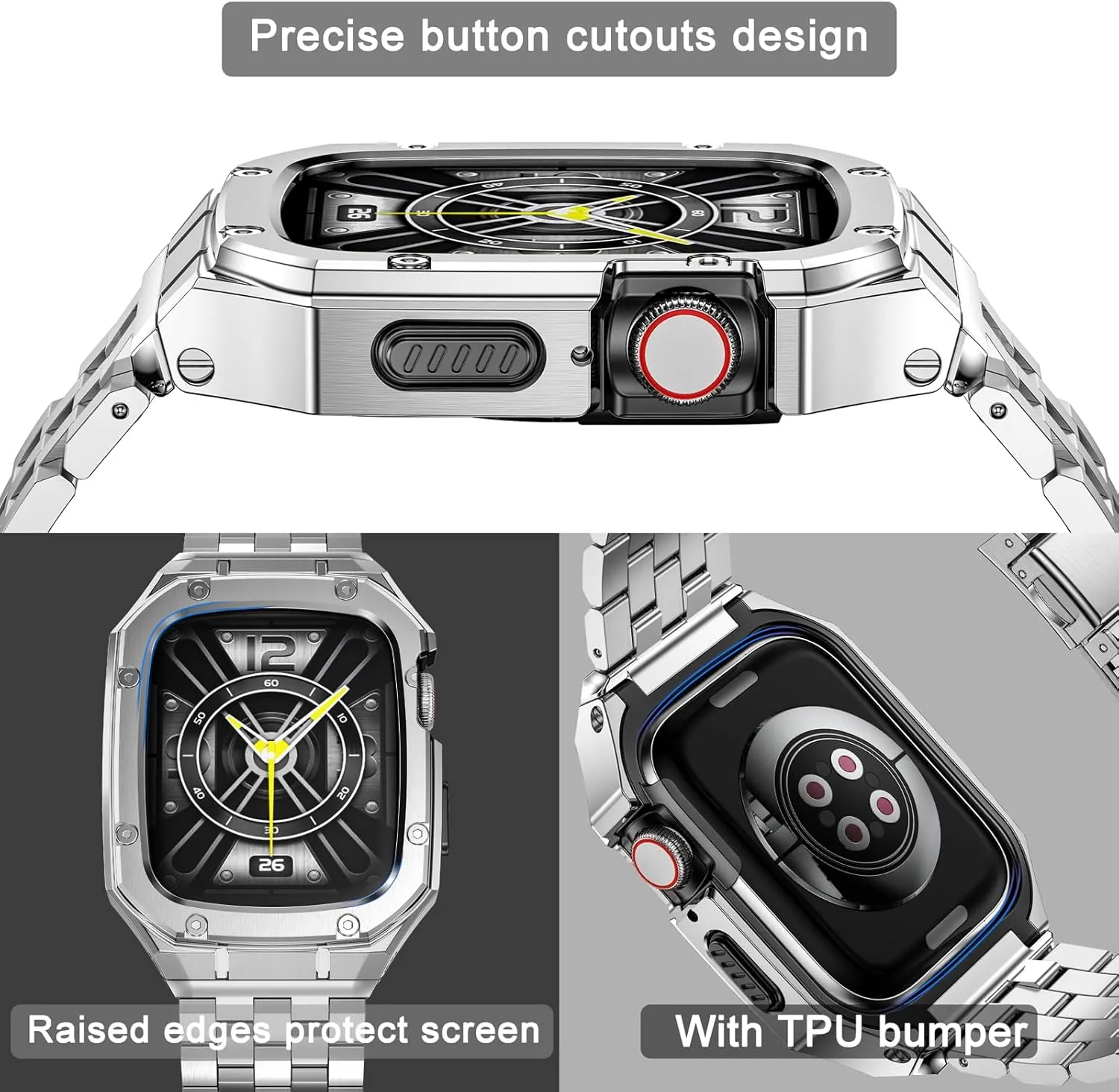 MioHHR Stainless Steel Watch Case with Bands Compatible with Apple Watch Band 45mm, Metal Cover bumper with iWatch Bands for Apple Watch Series 9/8/7