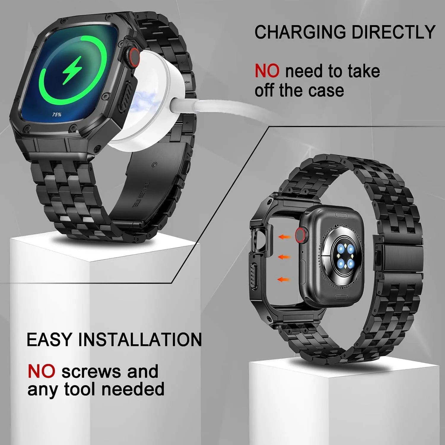 MioHHR Stainless Steel Watch Case with Bands Compatible with Apple Watch Band 45mm, Metal Cover bumper with iWatch Bands for Apple Watch Series 9/8/7