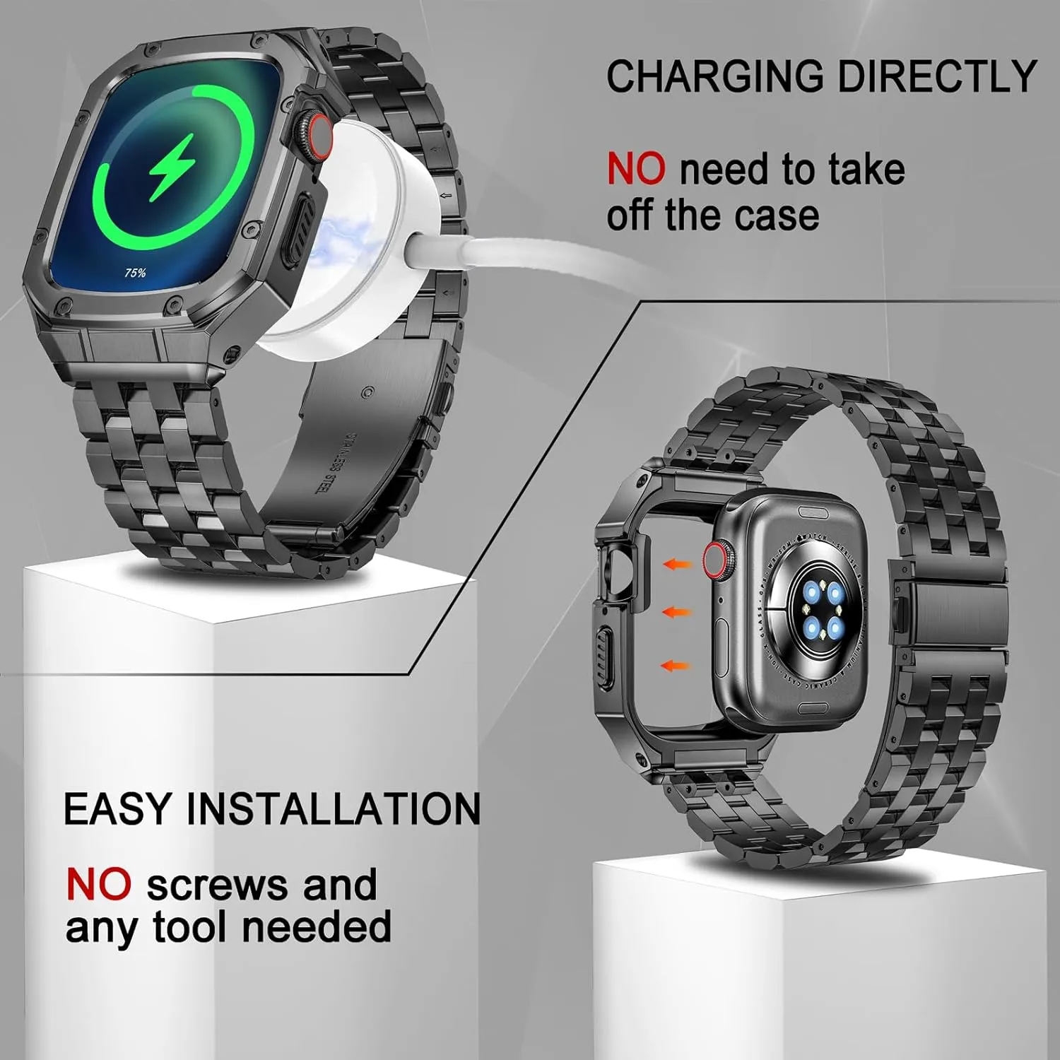 MioHHR Stainless Steel Watch Case with Bands Compatible with Apple Watch Band 45mm, Metal Cover bumper with iWatch Bands for Apple Watch Series 9/8/7