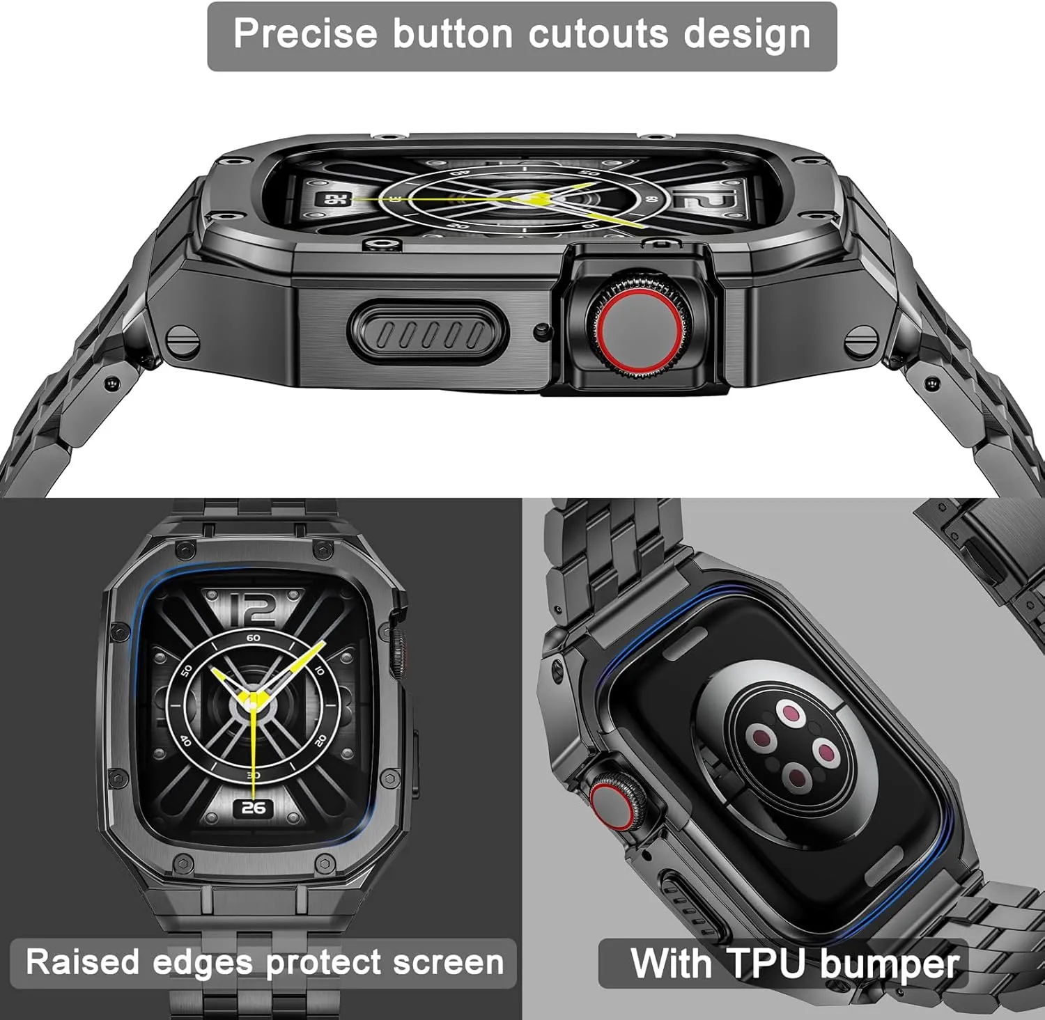 MioHHR Stainless Steel Watch Case with Bands Compatible with Apple Watch Band 45mm, Metal Cover bumper with iWatch Bands for Apple Watch Series 9/8/7