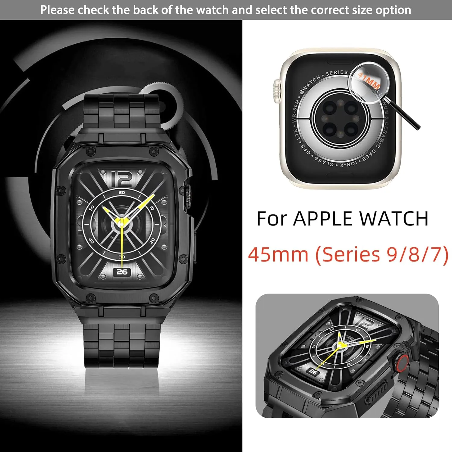 MioHHR Stainless Steel Watch Case with Bands Compatible with Apple Watch Band 45mm, Metal Cover bumper with iWatch Bands for Apple Watch Series 9/8/7