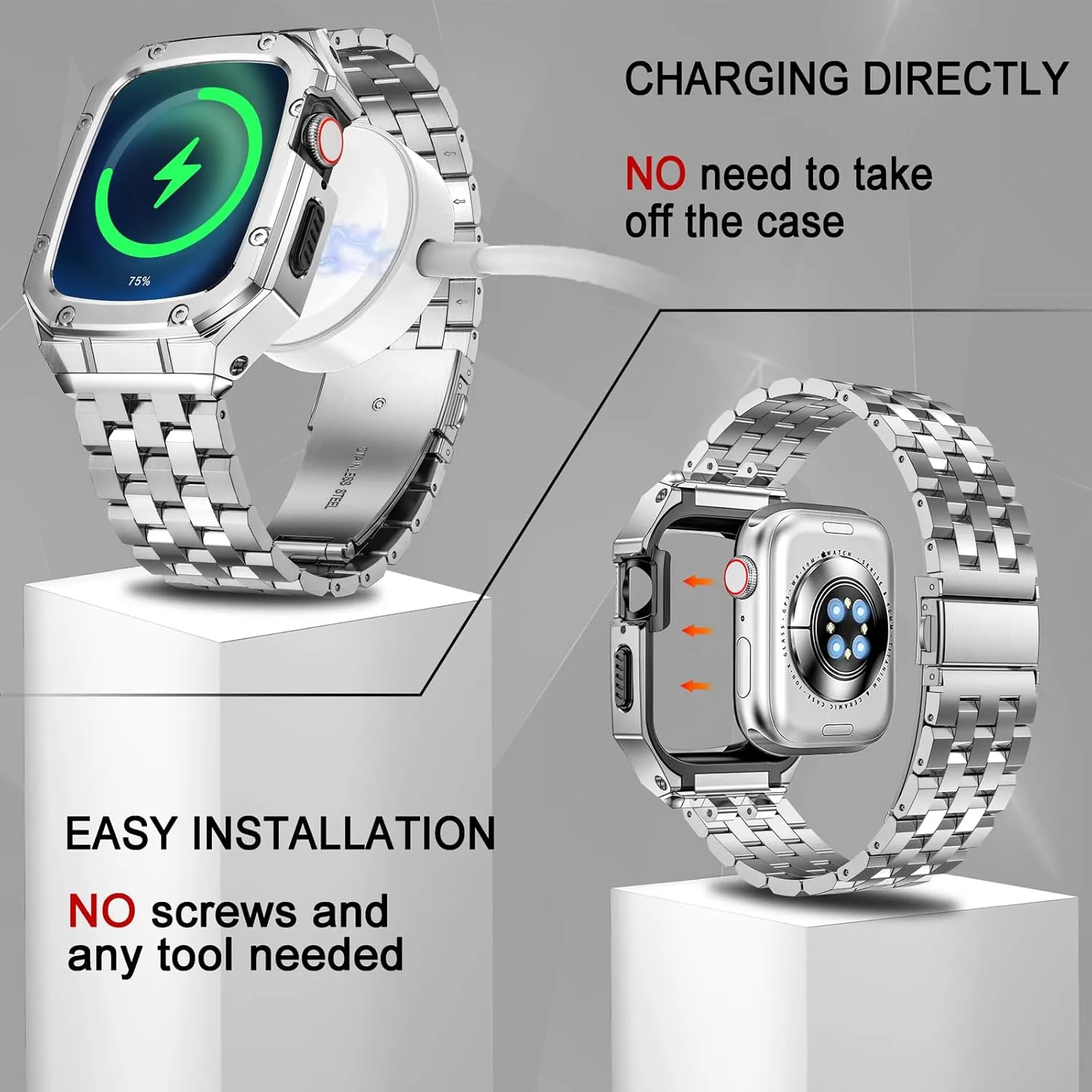 MioHHR Stainless Steel Watch Case with Bands Compatible with Apple Watch Band 45mm, Metal Cover bumper with iWatch Bands for Apple Watch Series 9/8/7