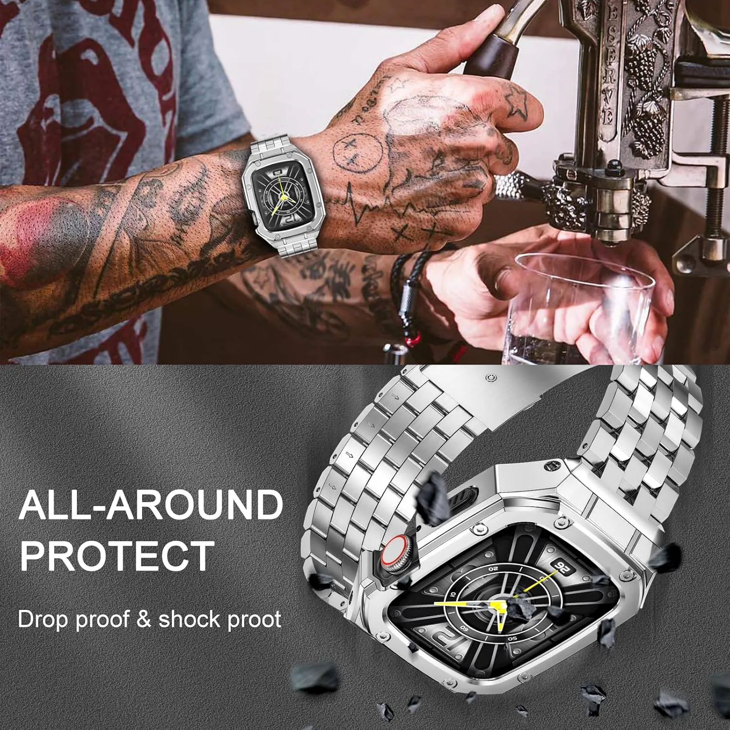MioHHR Stainless Steel Watch Case with Bands Compatible with Apple Watch Band 45mm, Metal Cover bumper with iWatch Bands for Apple Watch Series 9/8/7