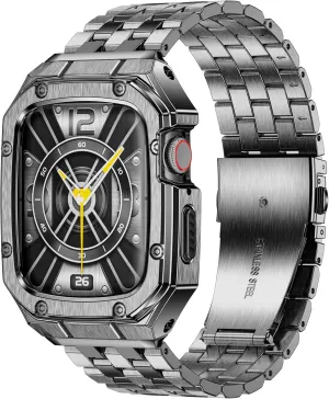 MioHHR Stainless Steel Watch Case with Bands Compatible with Apple Watch Band 45mm, Metal Cover bumper with iWatch Bands for Apple Watch Series 9/8/7