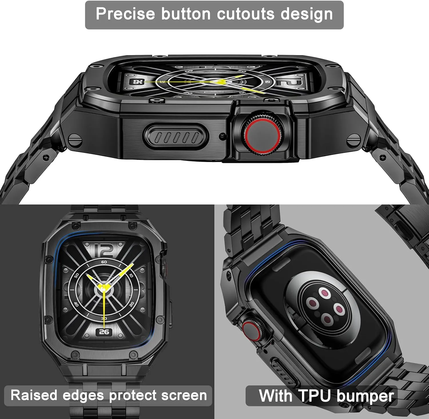 MioHHR Stainless Steel Watch Case with Bands Compatible with Apple Watch Band 45mm, Metal Cover bumper with iWatch Bands for Apple Watch Series 9/8/7
