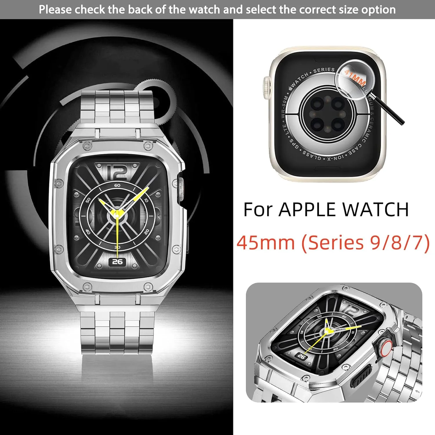 MioHHR Stainless Steel Watch Case with Bands Compatible with Apple Watch Band 45mm, Metal Cover bumper with iWatch Bands for Apple Watch Series 9/8/7